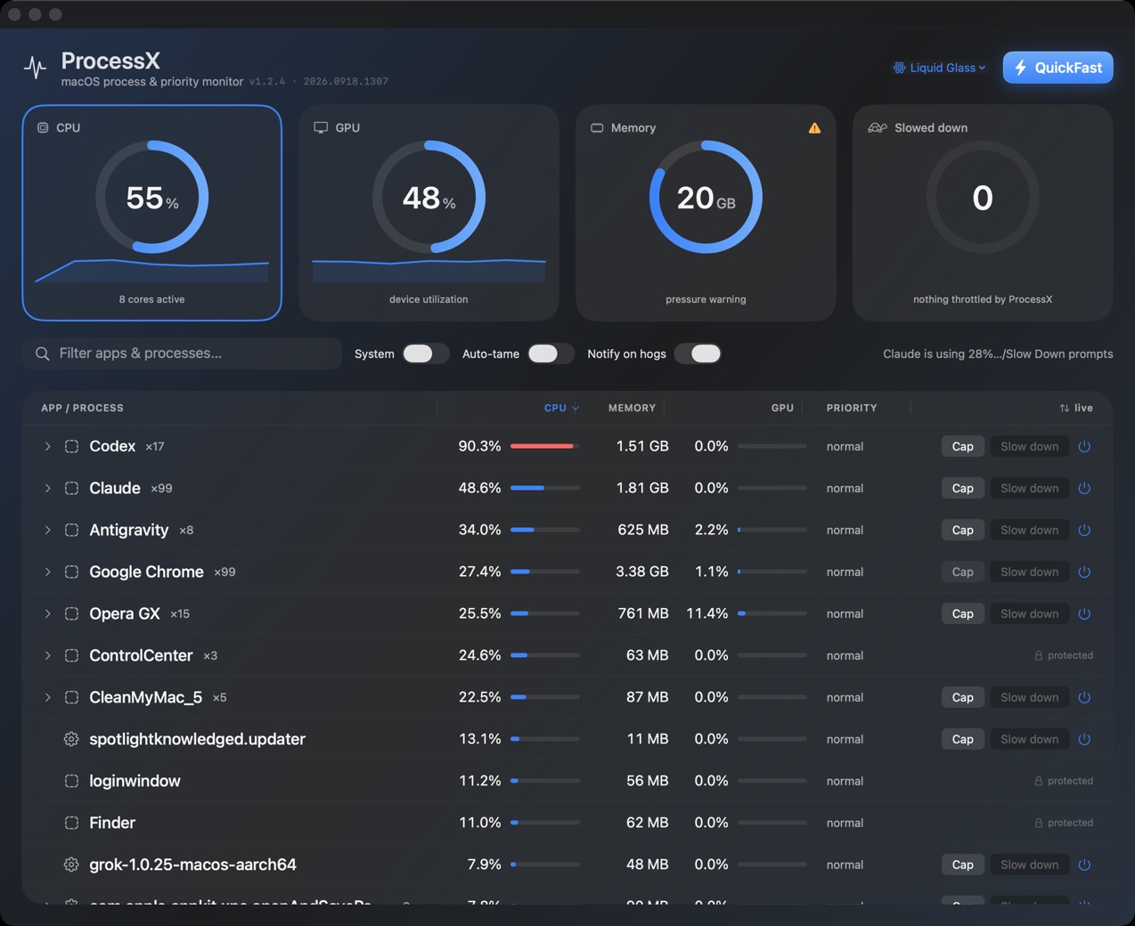 ProcessX 1.2.4: CPU, GPU, memory and slowed-down gauge cards above a table of running apps grouped per app, with CPU, memory, per-process GPU and priority columns and Cap, Slow down and Quit actions on each row.